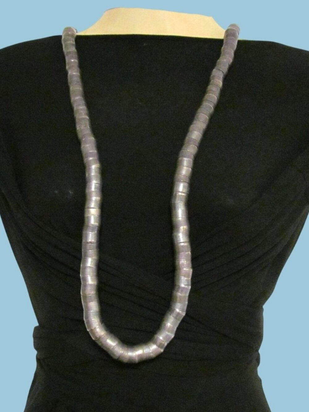 Vintage 1970 Southwestern Silver Tone Stacked Cap Bead Snake Necklace 37" Boho